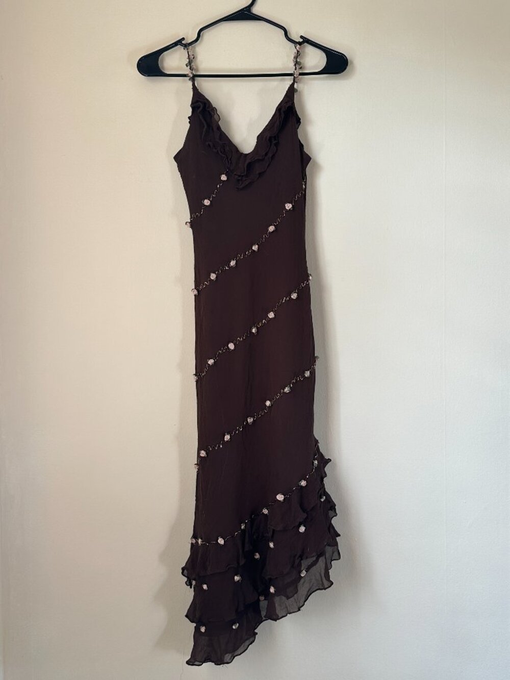 Brown Floral Beaded Silk Fairy Dress Asymmetric Hem